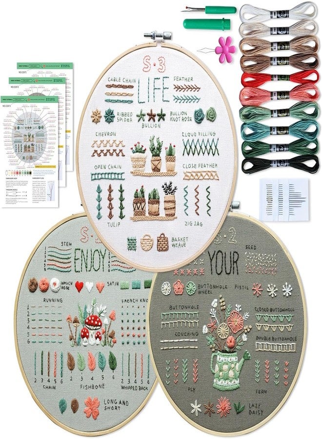 Zollyss Embroidery Kit for Beginners, 3 Pack with Pre-Printed Patterns, 7.8-inch Hoop, 10 Colours Thread, 33 Basic Stitches, Instructions - Image 1